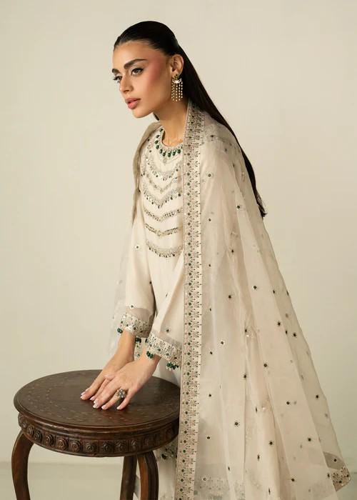3 Piece  Chiffon Embroidered Sharara Suit - Ivory