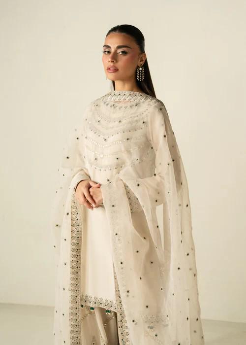 3 Piece  Chiffon Embroidered Sharara Suit - Ivory