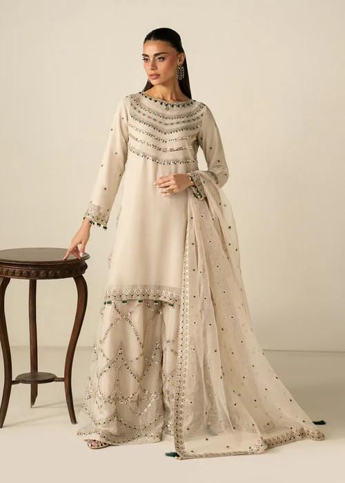 3 Piece  Chiffon Embroidered Sharara Suit - Ivory