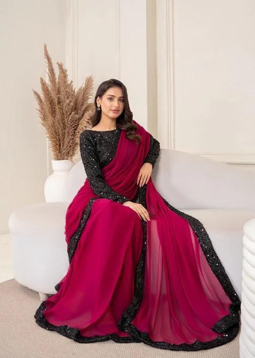 3 Piece Magenta Chiffon Saree with Black Sequin Border