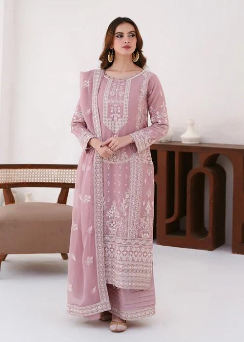 3 Piece Heavily Embroidered Chiffon Suit - Raw Silk Pants