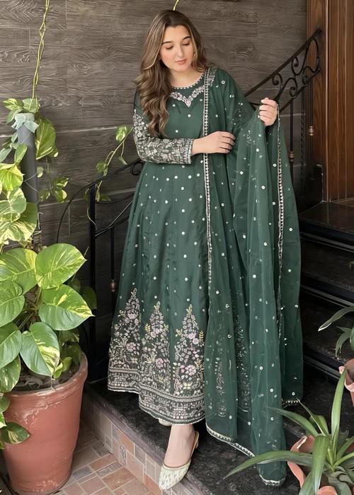 3 Piece Embroidered Silk Maxi Dress - Dark Green