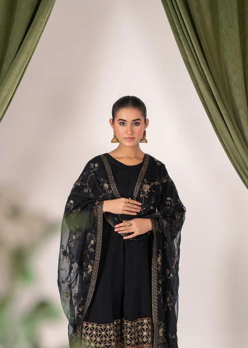 3 Piece Embroidered Crinkle Chiffon Palazzo Suit
