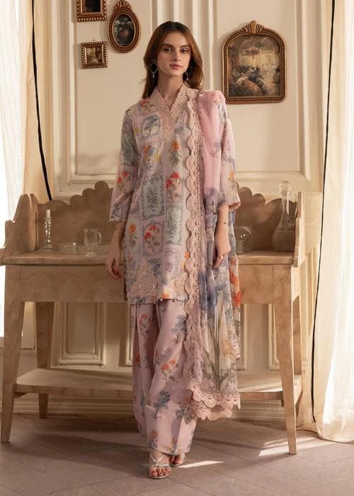 3 piece - Pakistani Designer Farshi Shalwar Silk Suit - Chiffon Dupatta