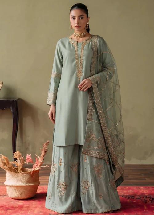 3 Piece Embellished Silk Gharara Suit - Moss Green