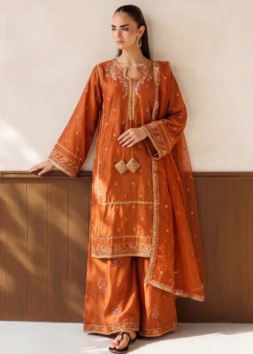3 Piece Embroidered Silk Palazzo Suit - Rust Orange