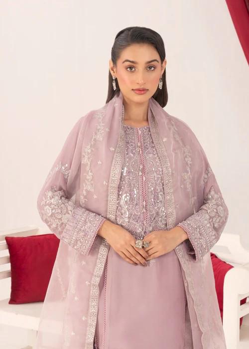 3 Piece Chiffon Kurta and Farshi Shalwar Set - Mauve