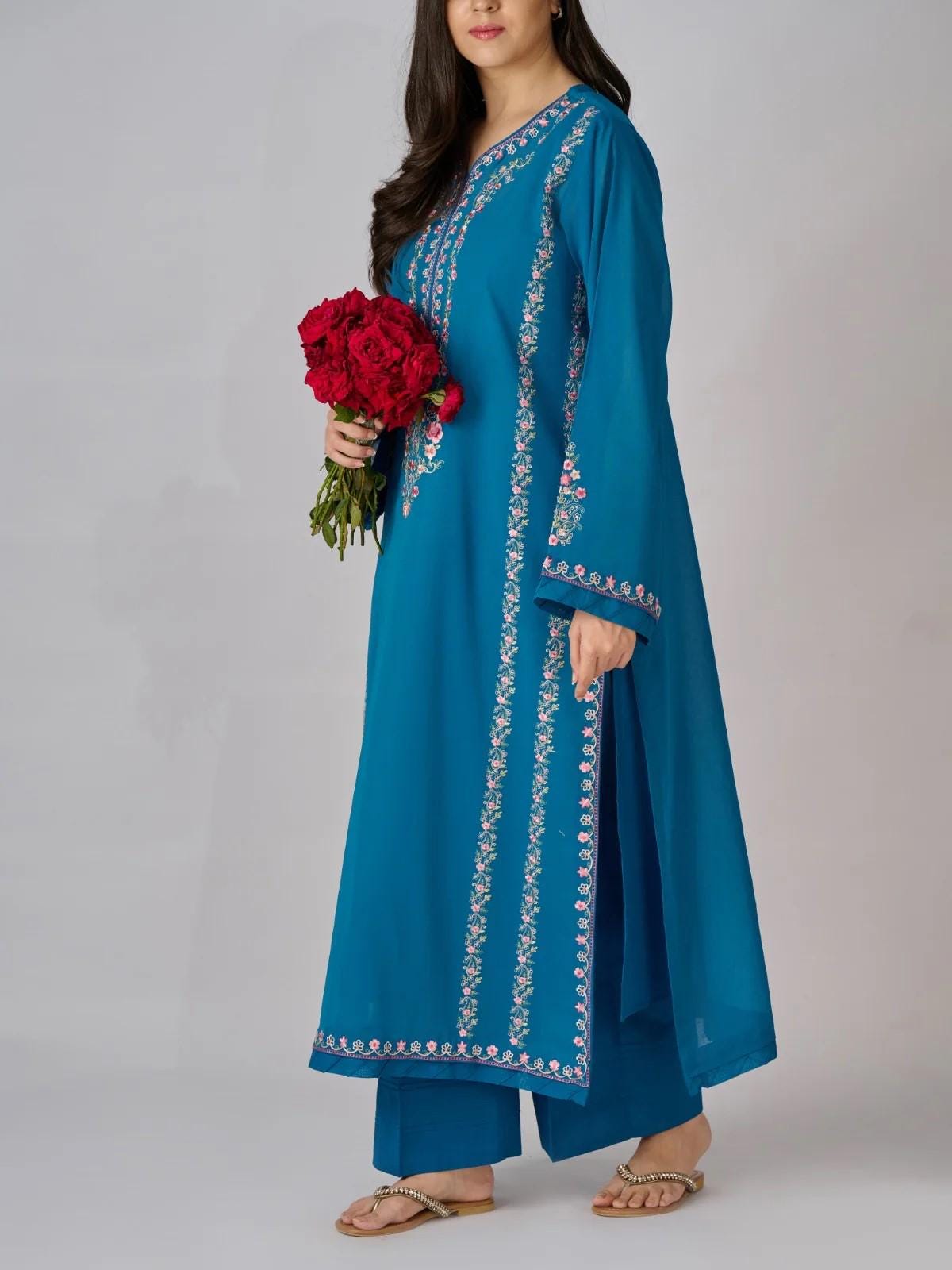 Agha Noor 2 piece - Embroidered Swiss Voile Suit - Teal Blue