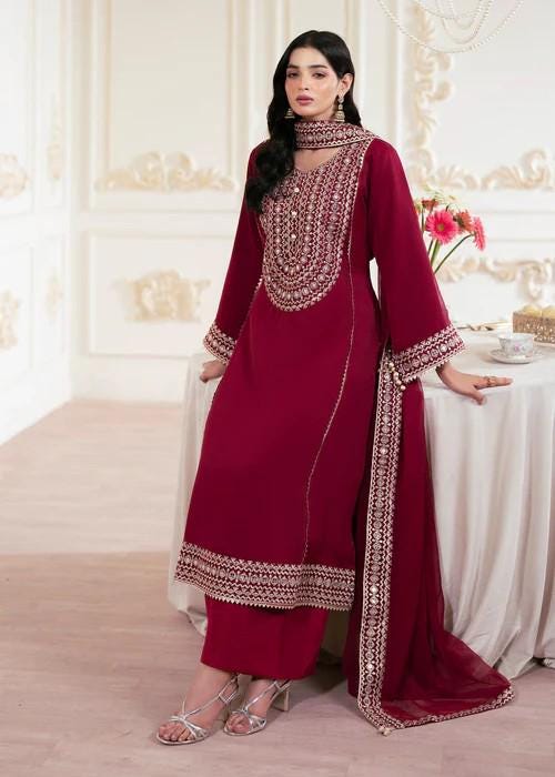 3 Piece Embroidered Silk Palazzo Suit - Ruby Red