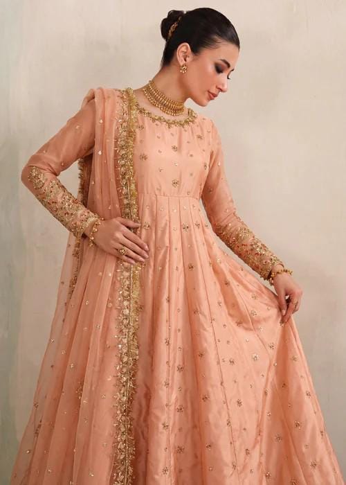 4 Piece Embroidered Silk Palazzo Pishwas w/ Potli Bag - Peach Color