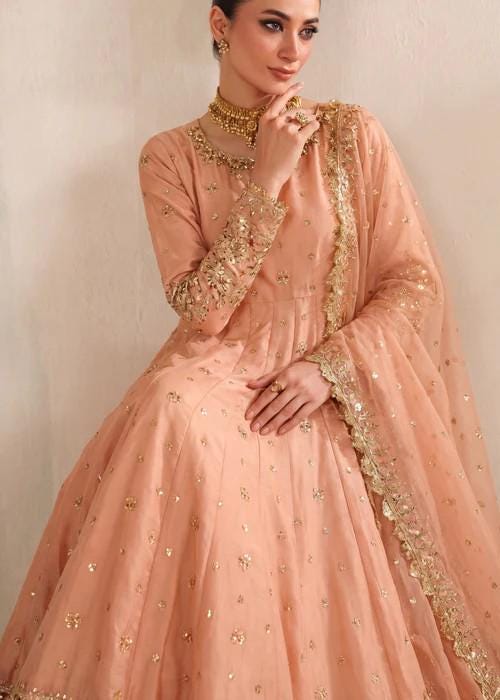 4 Piece Embroidered Silk Palazzo Pishwas w/ Potli Bag - Peach Color