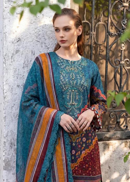 3 piece - Embroidered Lawn Suit with Voile Dupatta - Teal
