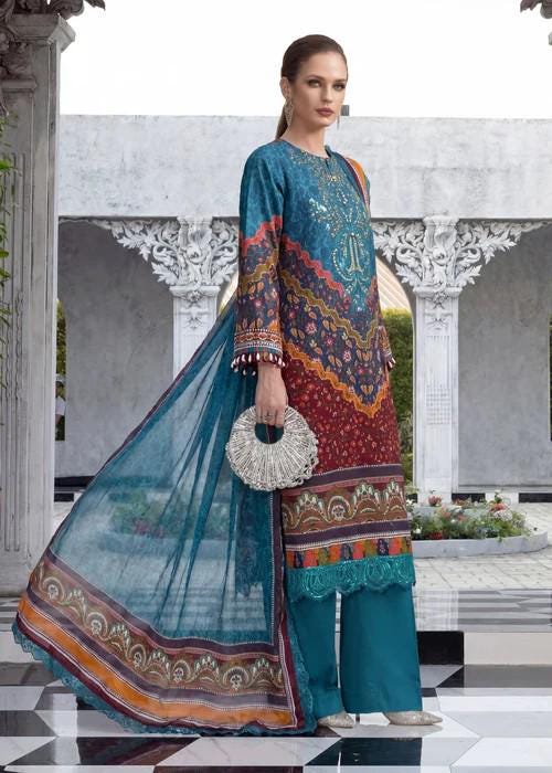 3 piece - Embroidered Lawn Suit with Voile Dupatta - Teal