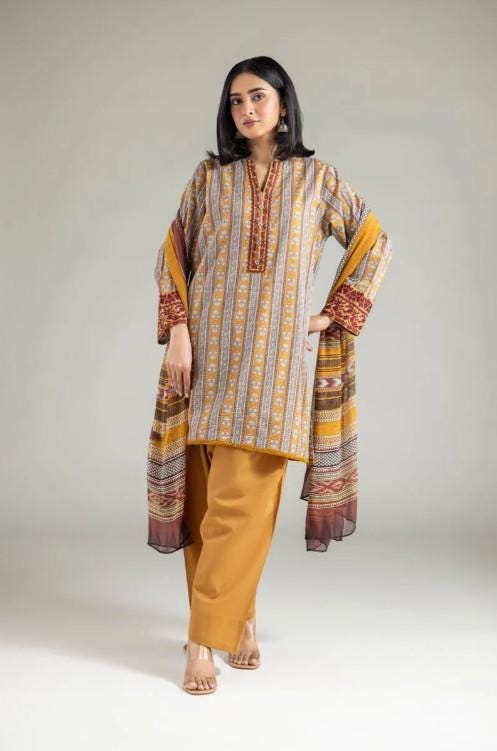 3 piece - Printed Summer Cotton Suit - Mustard