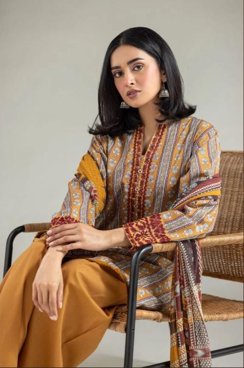 3 piece - Printed Summer Cotton Suit - Mustard