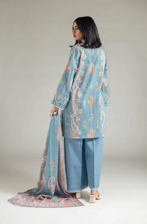 3 piece - Printed Summer Cotton Suit - Baby Blue