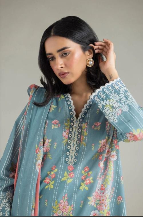 3 piece - Printed Summer Cotton Suit - Baby Blue