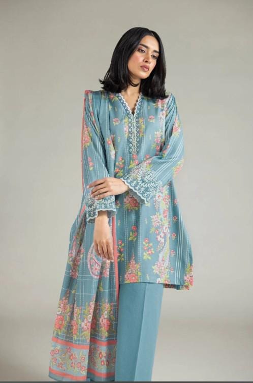 3 piece - Printed Summer Cotton Suit - Baby Blue