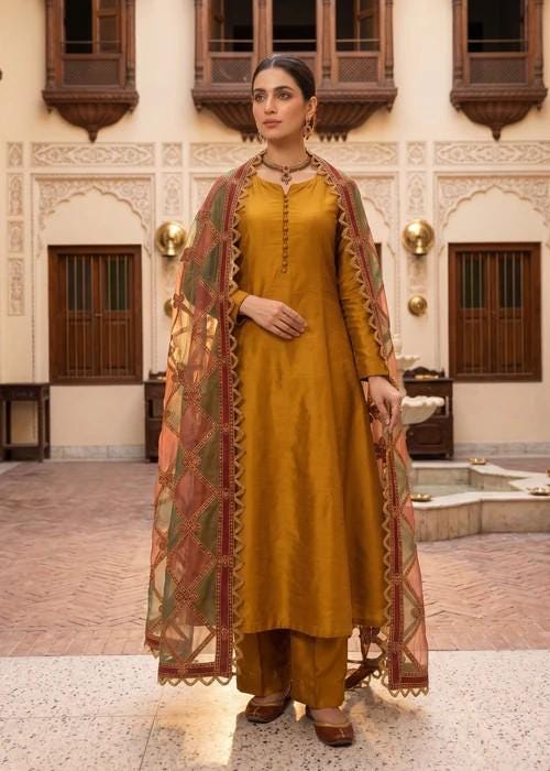 3 Piece Raw Silk Suit with Embroidered Organza Dupatta - Wedding / Party Wear - Golden Brown