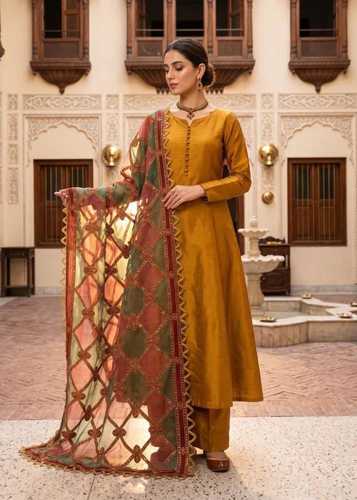 3 Piece Raw Silk Suit with Embroidered Organza Dupatta - Wedding / Party Wear - Golden Brown