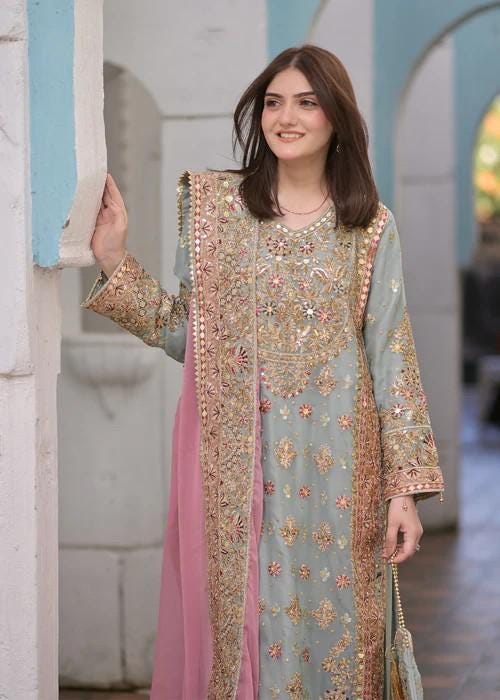 New Stock: Embroidered Party Wear Designer Chiffon Long Kurta Suit - 4 Piece (with Potli bag)