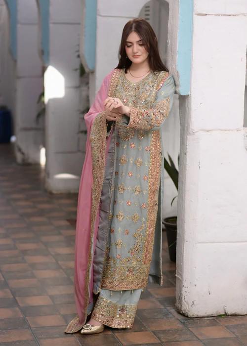 Embroidered Party Wear Designer Chiffon Long Kurta Suit - 4 Piece (with Potli bag)