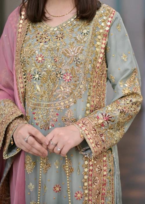 Embroidered Party Wear Designer Chiffon Long Kurta Suit - 4 Piece (with Potli bag)