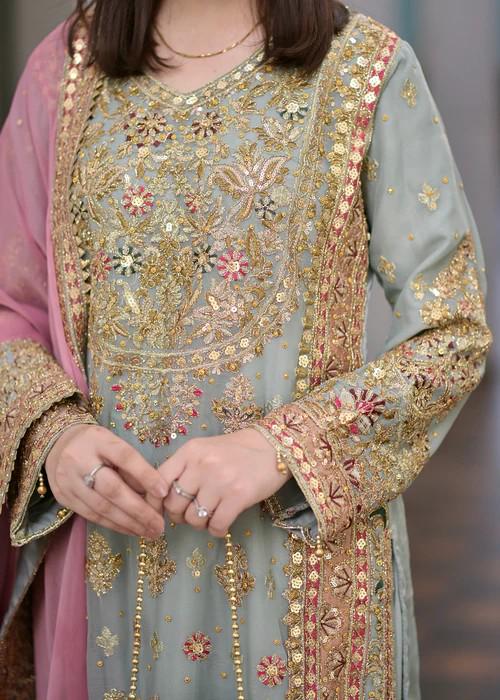 New Stock: Embroidered Party Wear Designer Chiffon Long Kurta Suit - 4 Piece (with Potli bag)