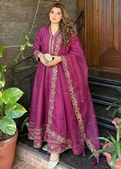 3 Piece Embroidered Silk Maxi Dress - Magenta
