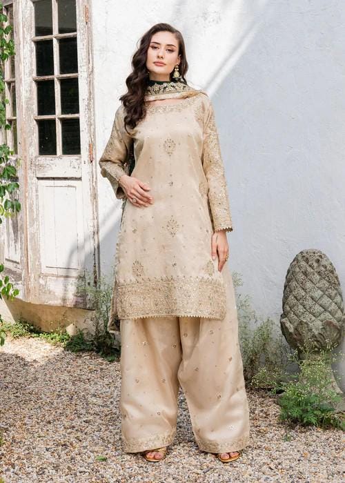 3 Piece - Embroidered Charmeuse Silk Farshi Shalwar Suit - Beige - Emerald Green