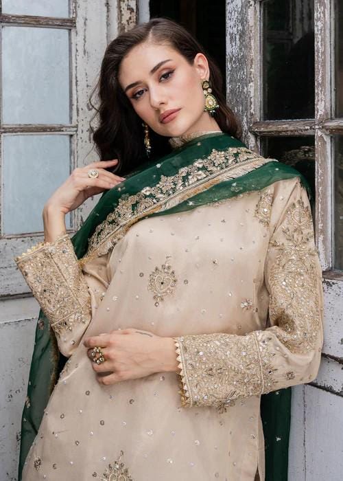 3 Piece - Embroidered Charmeuse Silk Farshi Shalwar Suit - Beige - Emerald Green