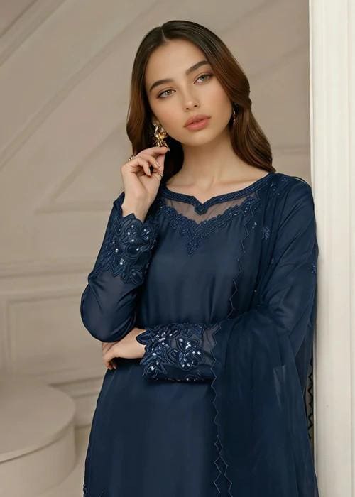3 Piece Silk Sharara Suit - Dark Blue