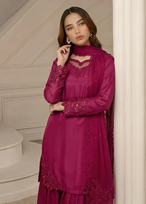 3 Piece Silk Sharara Suit - Magenta