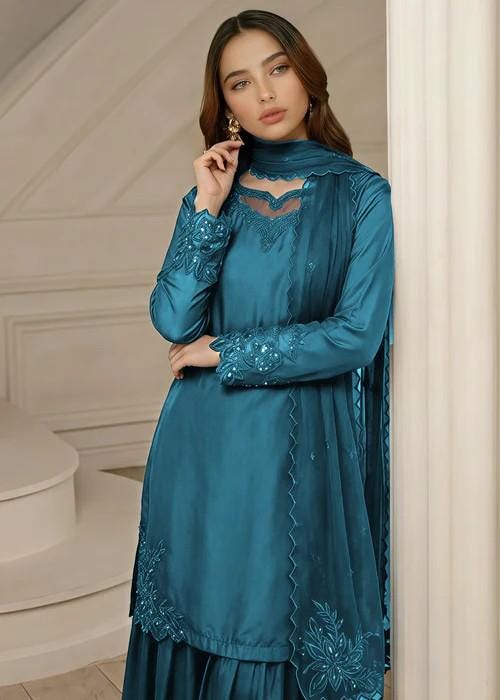 3 Piece Silk Sharara Suit - Teal