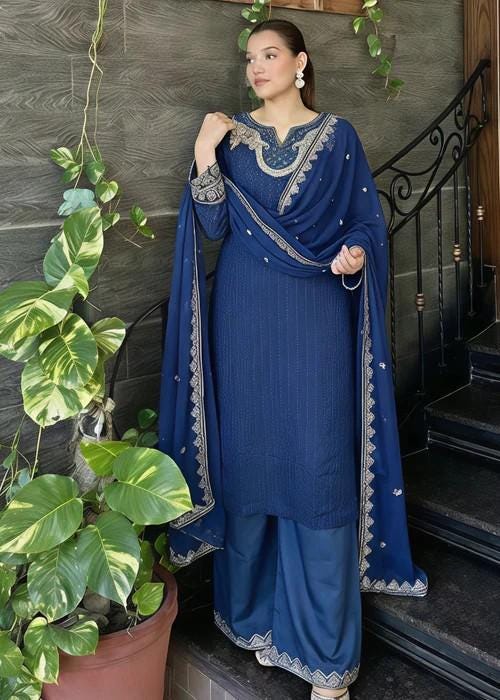 Embroidered Chiffon and Raw Silk Palazzo Long Kurta Suit - Cobalt Blue