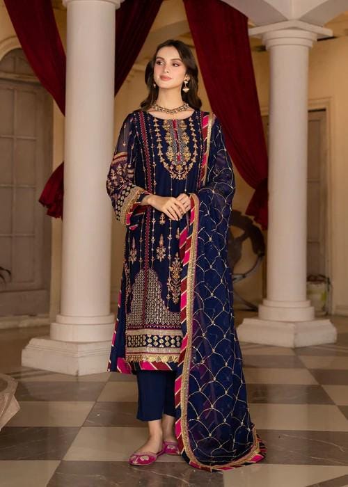 3 Piece Embroidered Chiffon Suit - Navy Blue