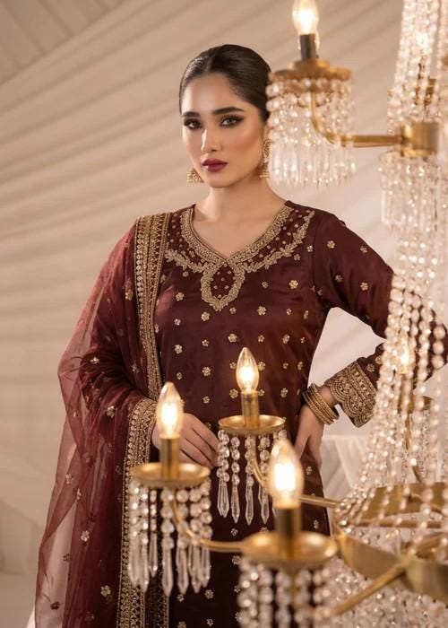 3 Piece Embroidered Chiffon Kurta Set With Raw Silk Trousers - Maroon