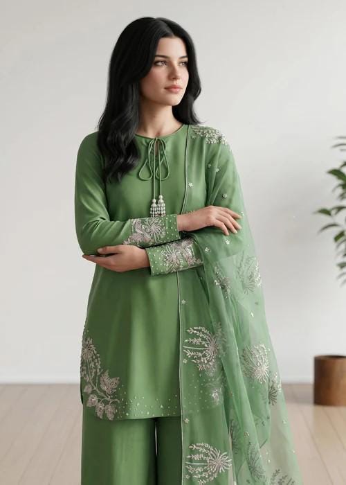 3 piece - Embroidered Summer Cotton Kurta Shalwar Suit - Jade Green