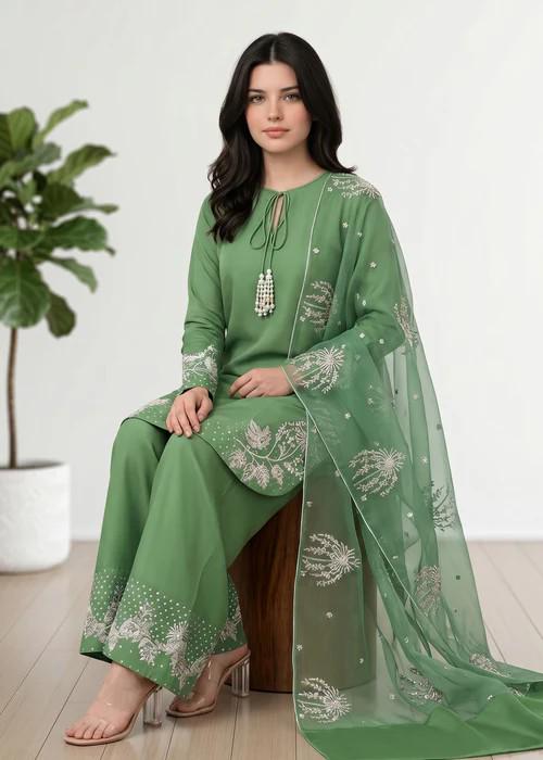 3 piece - Embroidered Summer Cotton Kurta Shalwar Suit - Jade Green