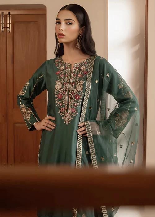 Embroidered Silk Farshi Shalwar Suit with Organza Dupatta - 3 Piece - Dark Green