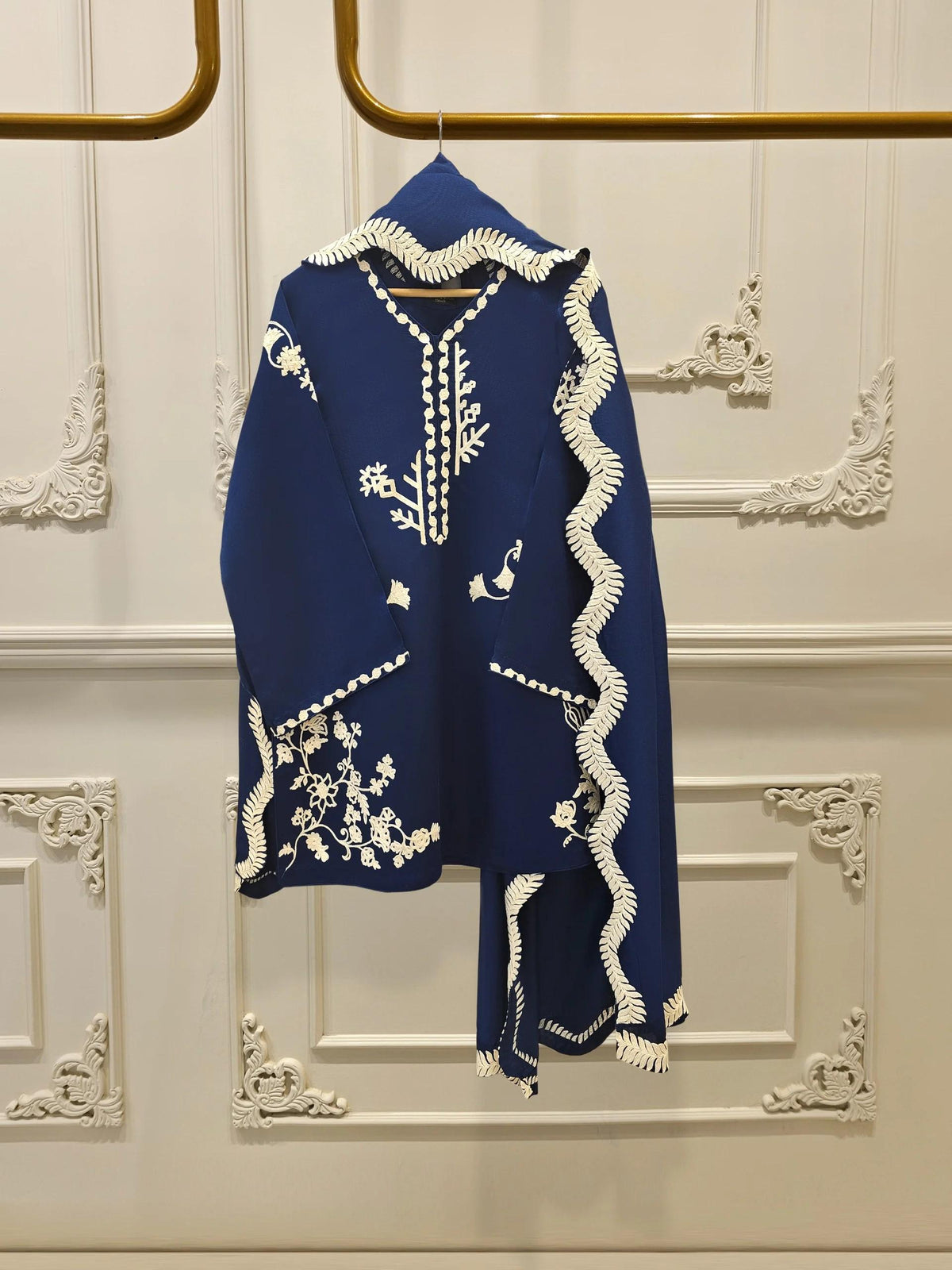 Agha Noor 3 Piece Pure Silk Net Embroidered Suit - Navy Blue