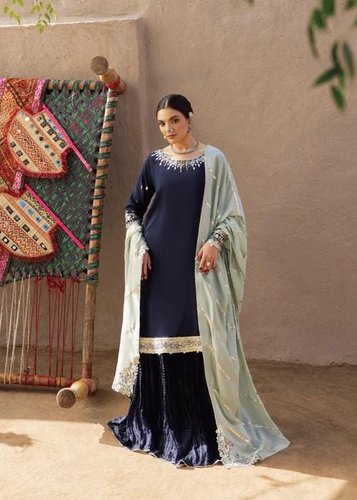 3 Piece Embroidered Silk Sharara Suit