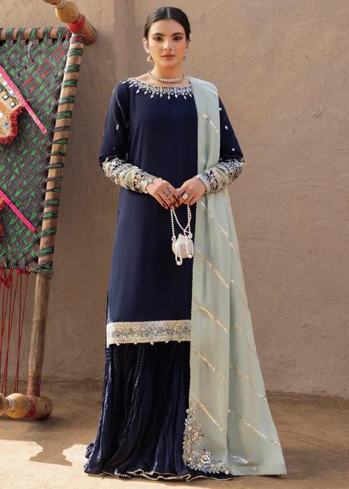3 Piece Embroidered Silk Sharara Suit
