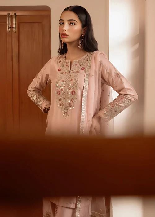 Embroidered Silk Farshi Shalwar Suit with Organza Dupatta - 3 Piece - Pink