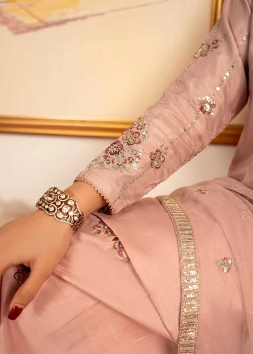 Embroidered Silk Farshi Shalwar Suit with Organza Dupatta - 3 Piece - Pink