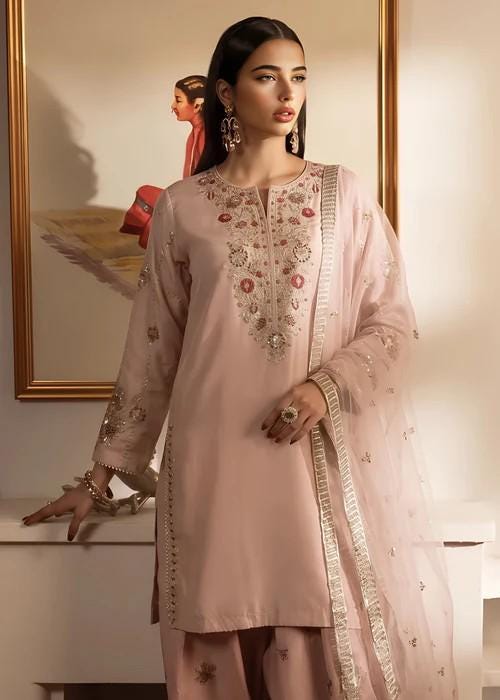 Embroidered Silk Farshi Shalwar Suit with Organza Dupatta - 3 Piece - Pink