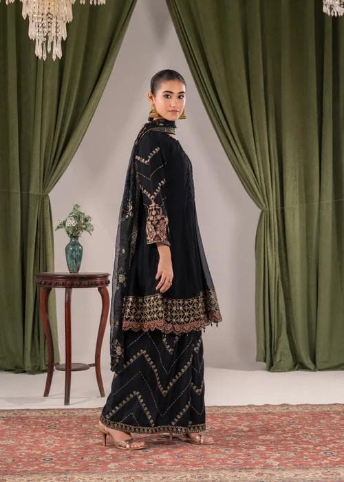 3 Piece Embroidered Crinkle Chiffon Palazzo Suit