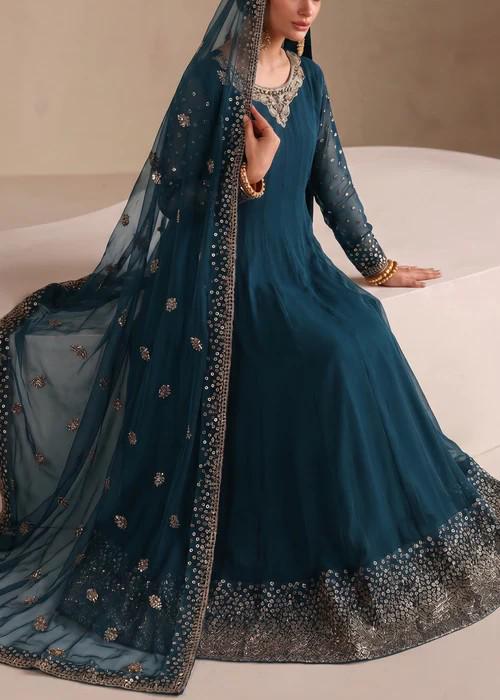 Embroidered Chiffon Maxi Suit - 3 Piece - Cobalt Blue