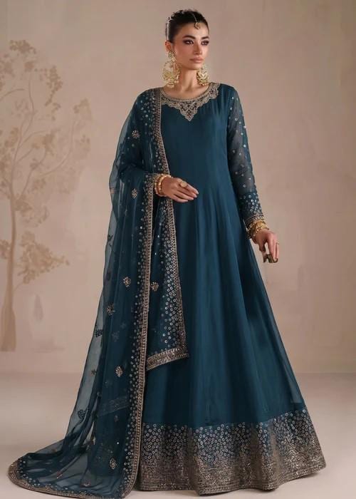 Embroidered Chiffon Maxi Suit - 3 Piece - Cobalt Blue