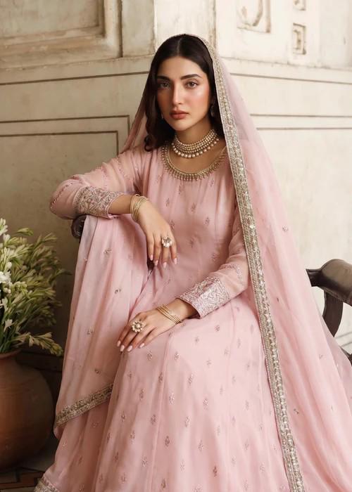 Embroidered Chiffon Maxi Suit - 3 Piece - Pink